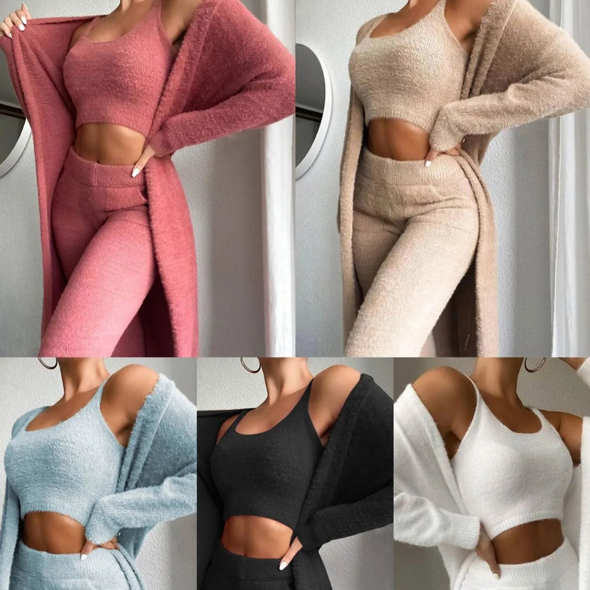 Ensemble trois pièces pour femme automne-hiver – gilet court en peluche à col en V, pantalon assorti et haut sexy. Tenue élégante et chic pour un style sophistiqué ou de bureau.
